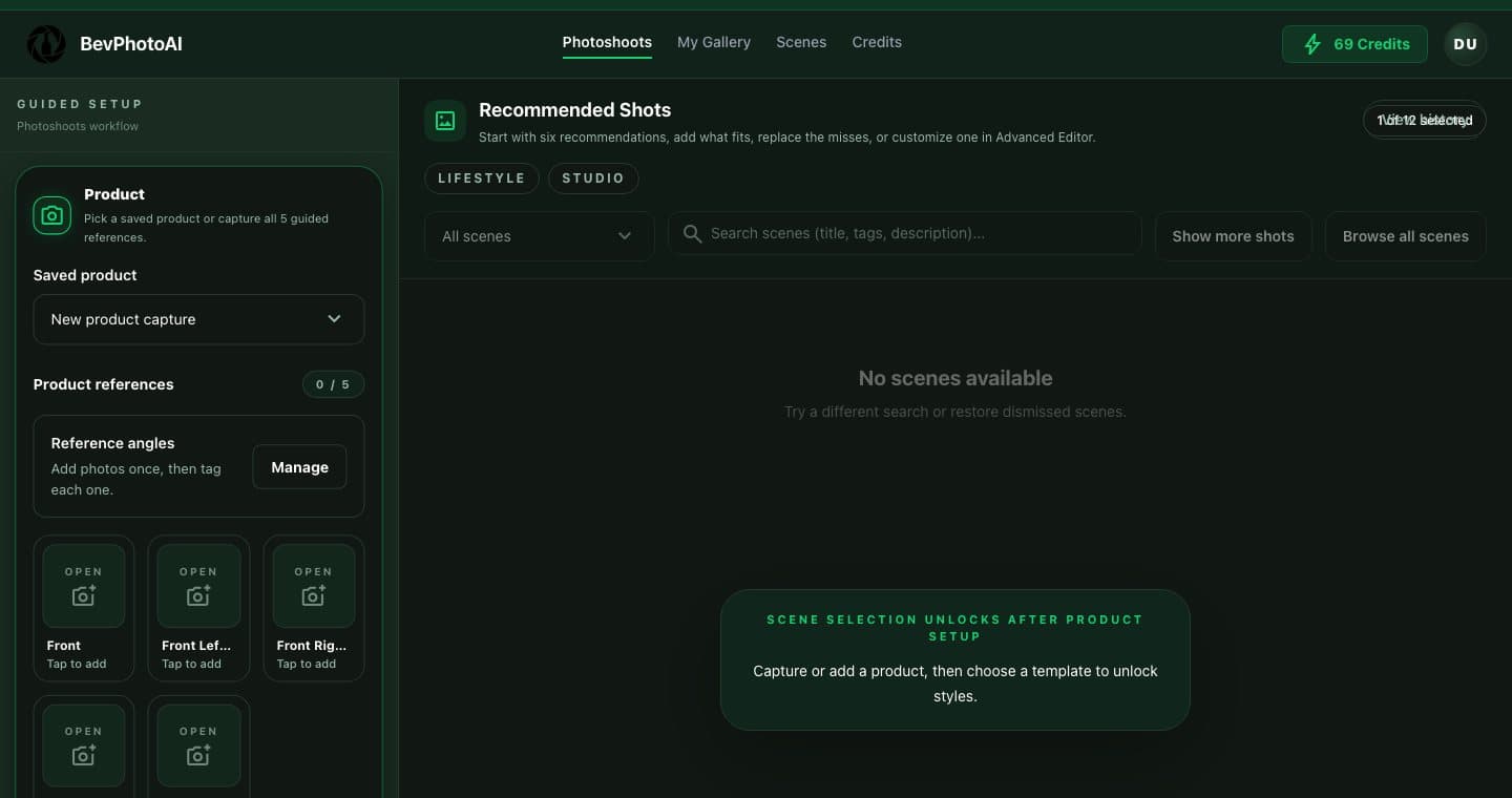 Bottleshot Photoshoots workspace screenshot