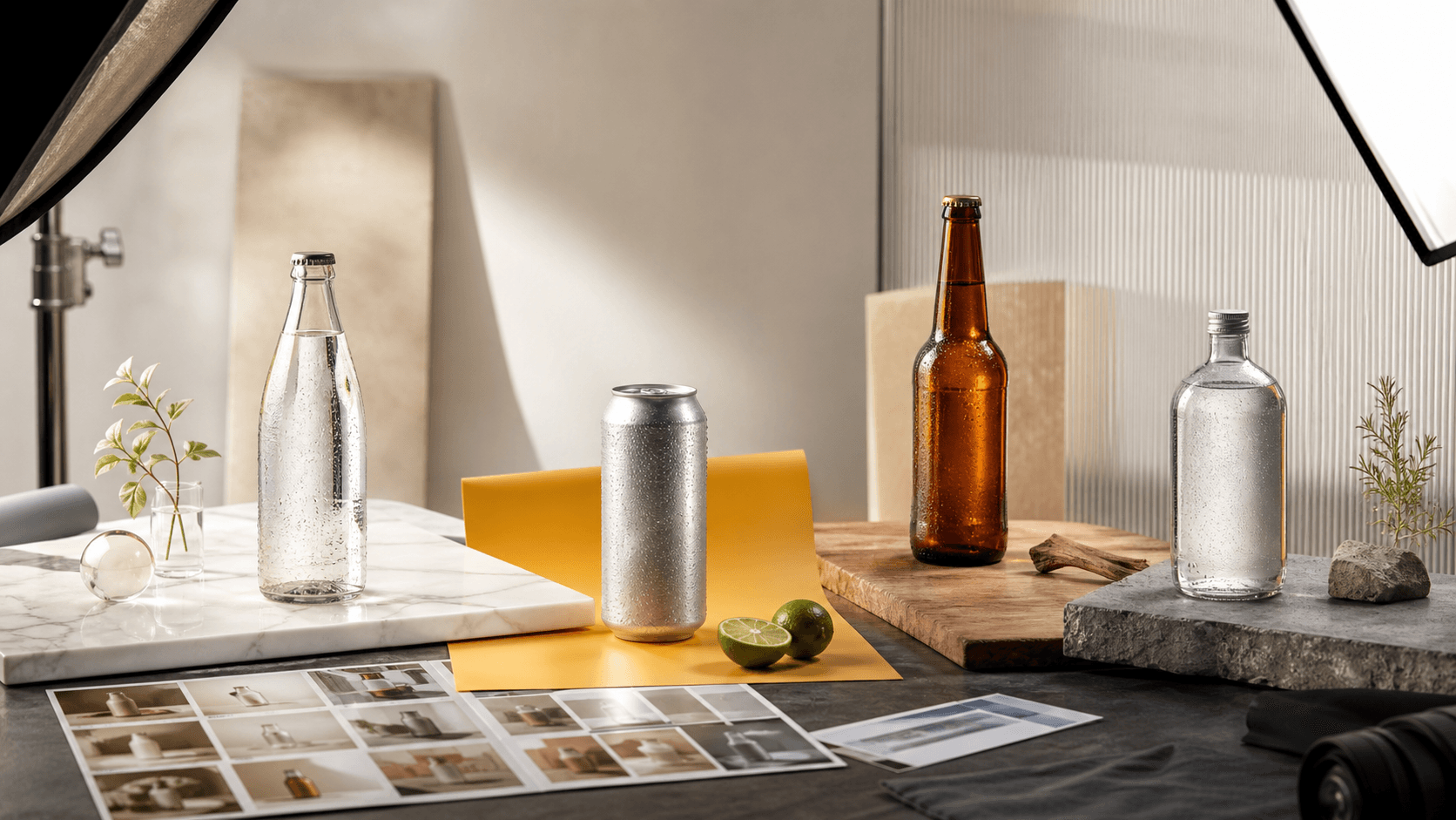 Drink photoshoot moodboard with beverage bottles and cans on marble, color paper, wood, and concrete setups